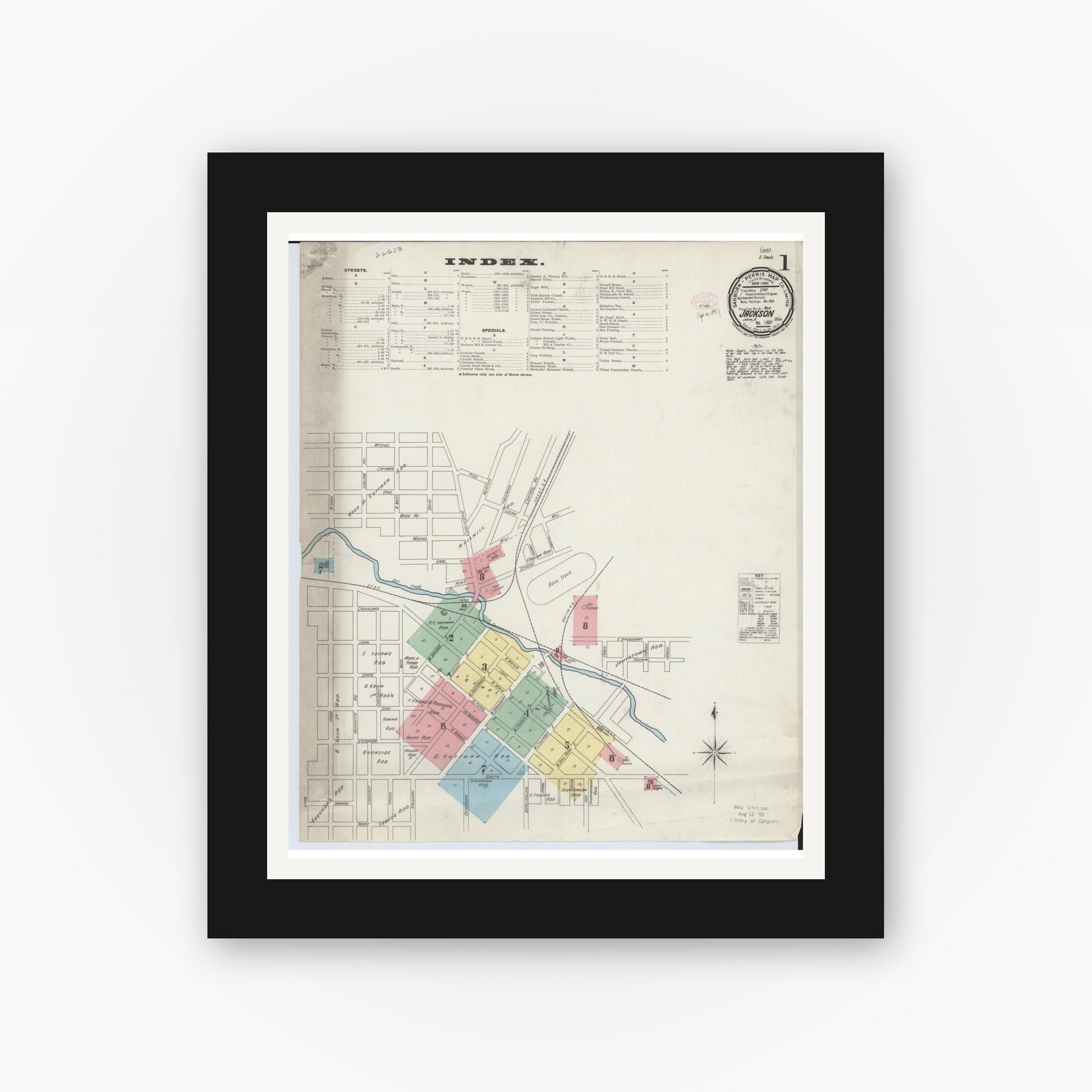 Old map wall art mockup — black gallery frame with white mat — Sanborn Fire Insurance Map from Jackson, Jackson County, Ohio (1897) - Complete Map Set