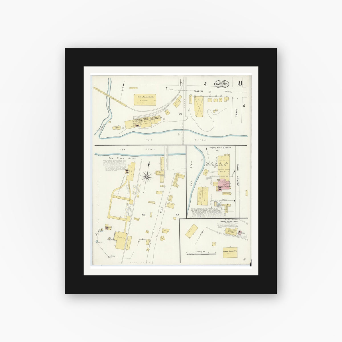 Old map wall art mockup — black gallery frame with white mat — Sanborn Fire Insurance Map from Tarboro, Edgecombe County, North Carolina (1908), Sheet #0008