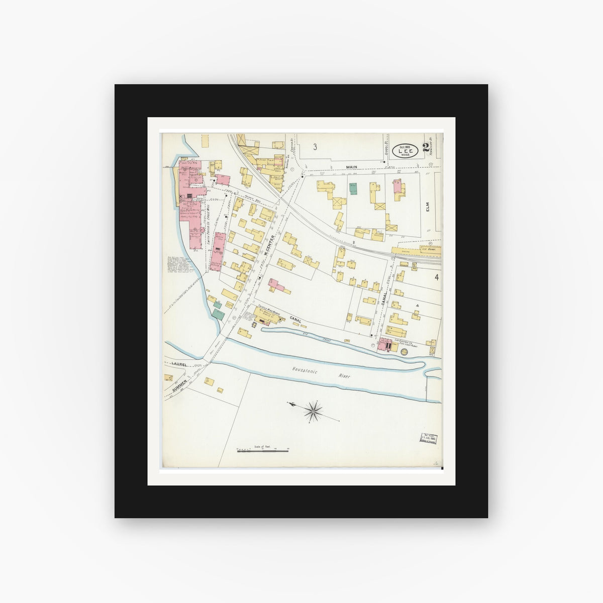 Old map wall art mockup — black gallery frame with white mat — Sanborn Fire Insurance Map from Lee, Berkshire County, Massachusetts (1905), Sheet #0002