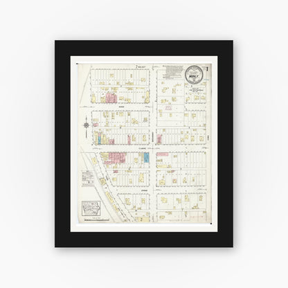 Old map wall art mockup — black gallery frame with white mat — Sanborn Fire Insurance Map from Manly, Worth County, Iowa (1914) â€” Complete Set