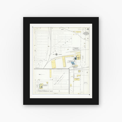 Old map wall art mockup — black gallery frame with white mat — Sanborn Fire Insurance Map from Rice Lake, Barron County, Wisconsin (1909), Sheet #0006