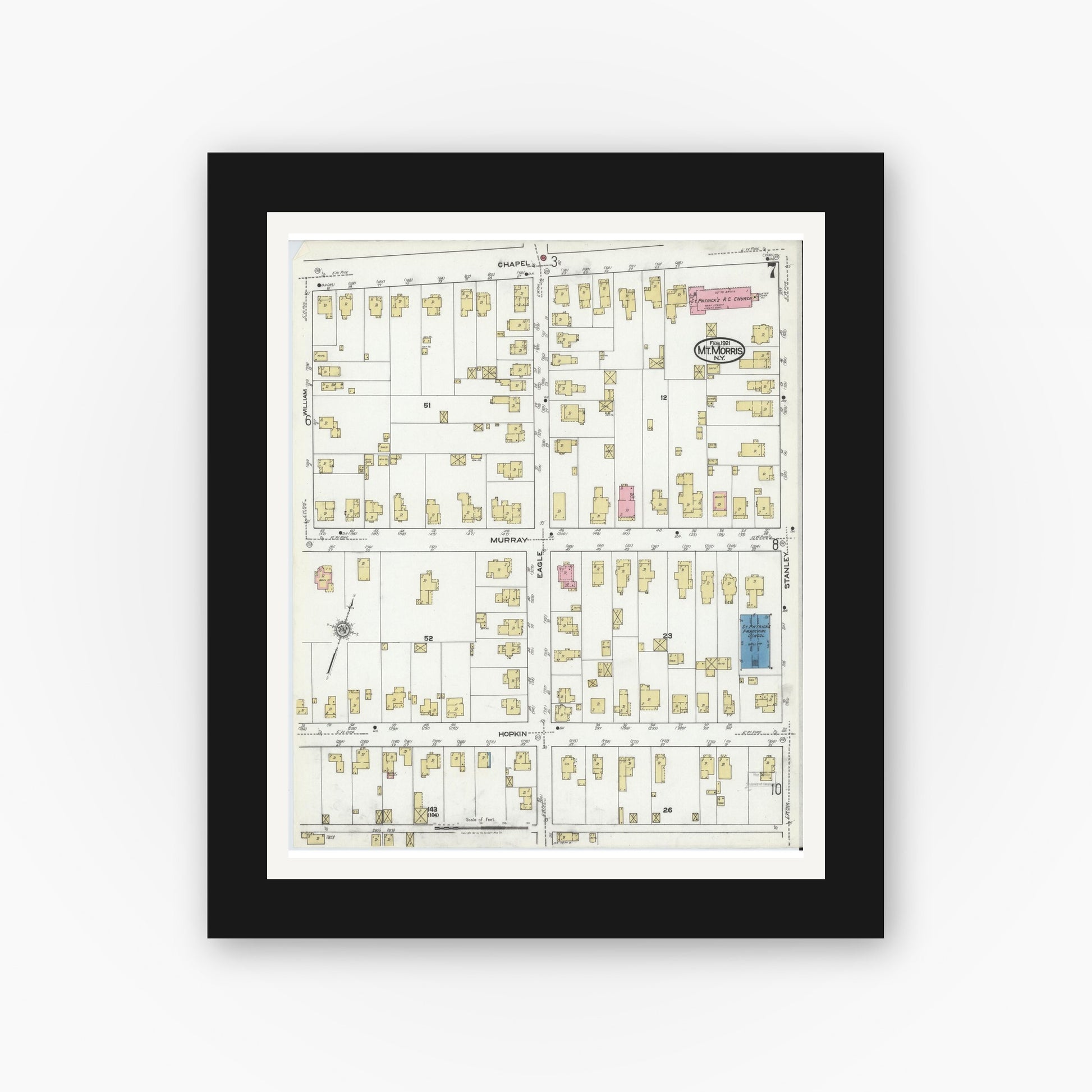 Old map wall art mockup — black gallery frame with white mat — Sanborn Fire Insurance Map from Mount Morris, Livingston County, New York (1921), Sheet #0007