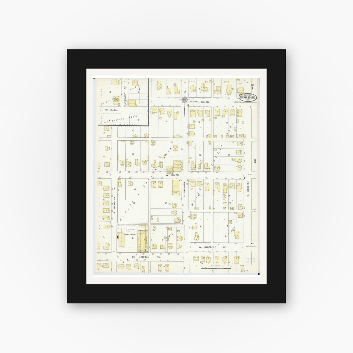 Old map wall art mockup — black gallery frame with white mat — Sanborn Fire Insurance Map from Harrisburg, Saline County, Illinois (1913), Sheet #0007