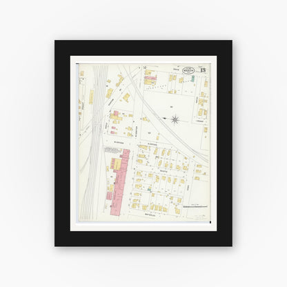 Old map wall art mockup — black gallery frame with white mat — Sanborn Fire Insurance Map from Marion, Marion County, Ohio (1908), Sheet #0013