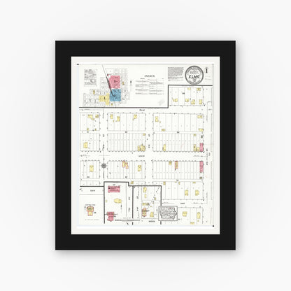 Old map wall art mockup — black gallery frame with white mat — Sanborn Fire Insurance Map from Elma, Howard County, Iowa (1920) â€” Complete Set