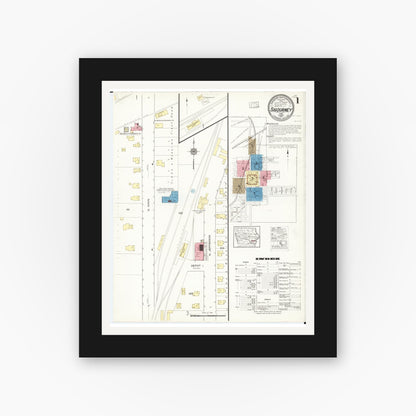 Old map wall art mockup — black gallery frame with white mat — Sanborn Fire Insurance Map from Sigourney, Kiokuk County, Iowa (1916), Sheet #0001