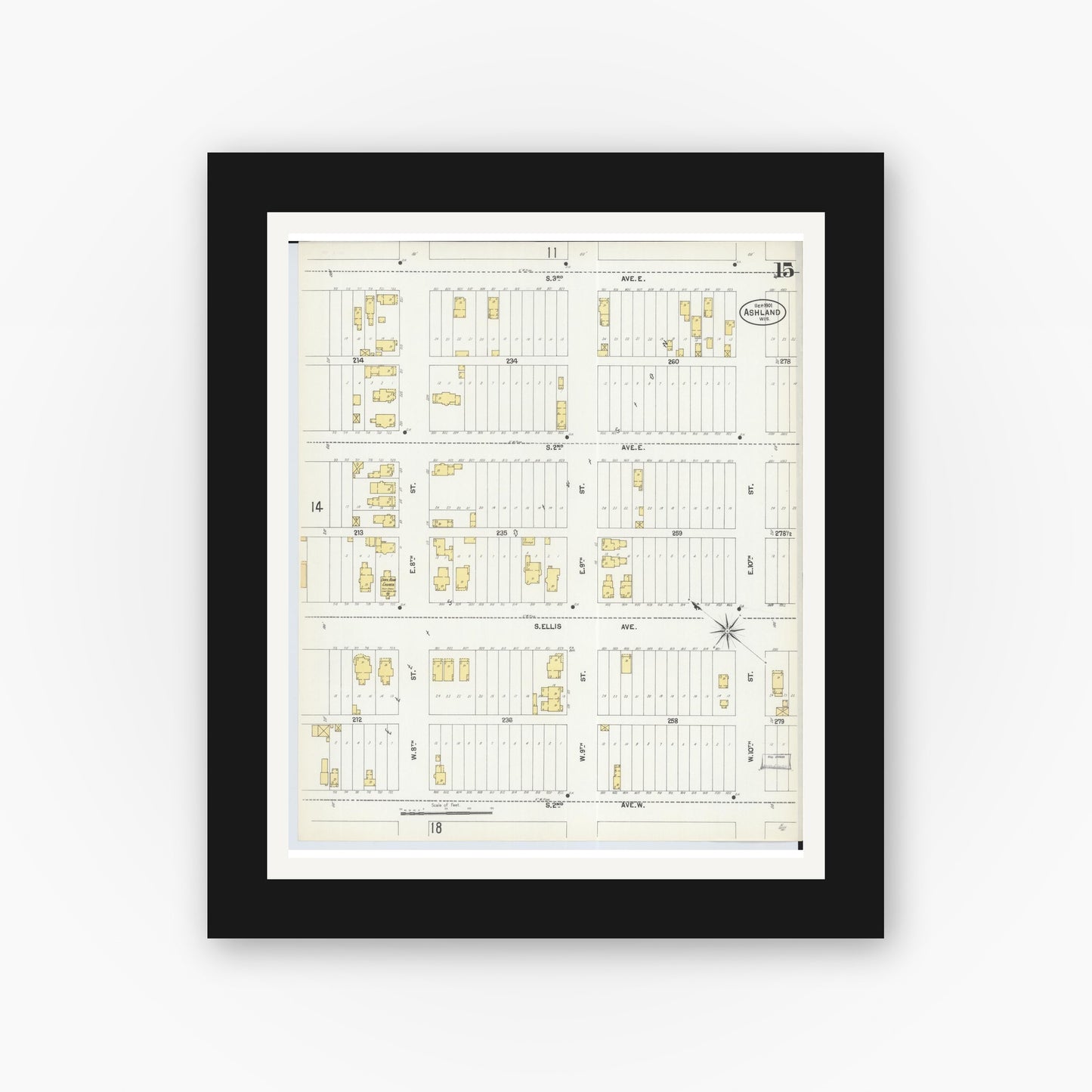 Old map wall art mockup — black gallery frame with white mat — Sanborn Fire Insurance Map from Ashland, Ashland County, Wisconsin (1901), Sheet #0015