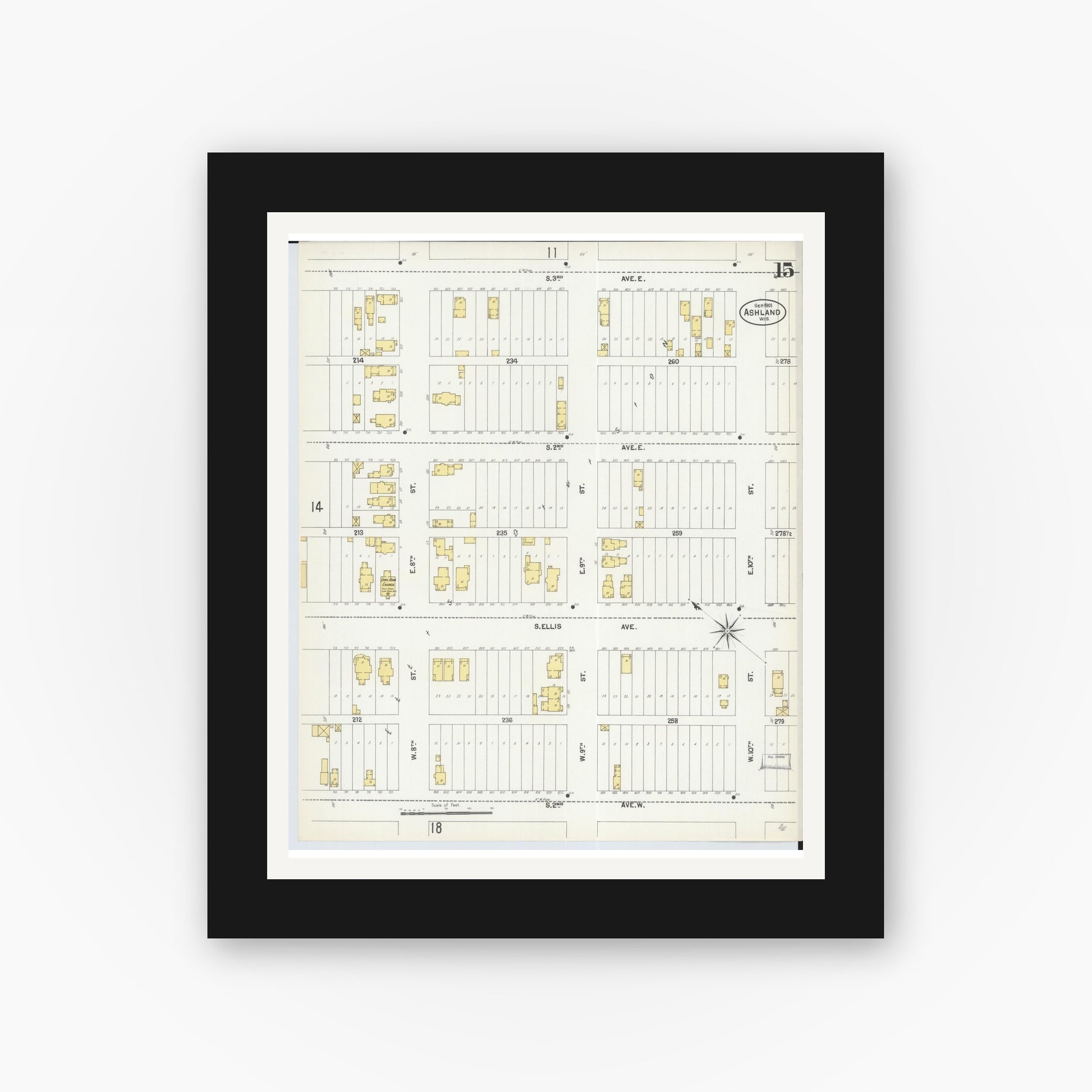 Old map wall art mockup — black gallery frame with white mat — Sanborn Fire Insurance Map from Ashland, Ashland County, Wisconsin (1901), Sheet #0015