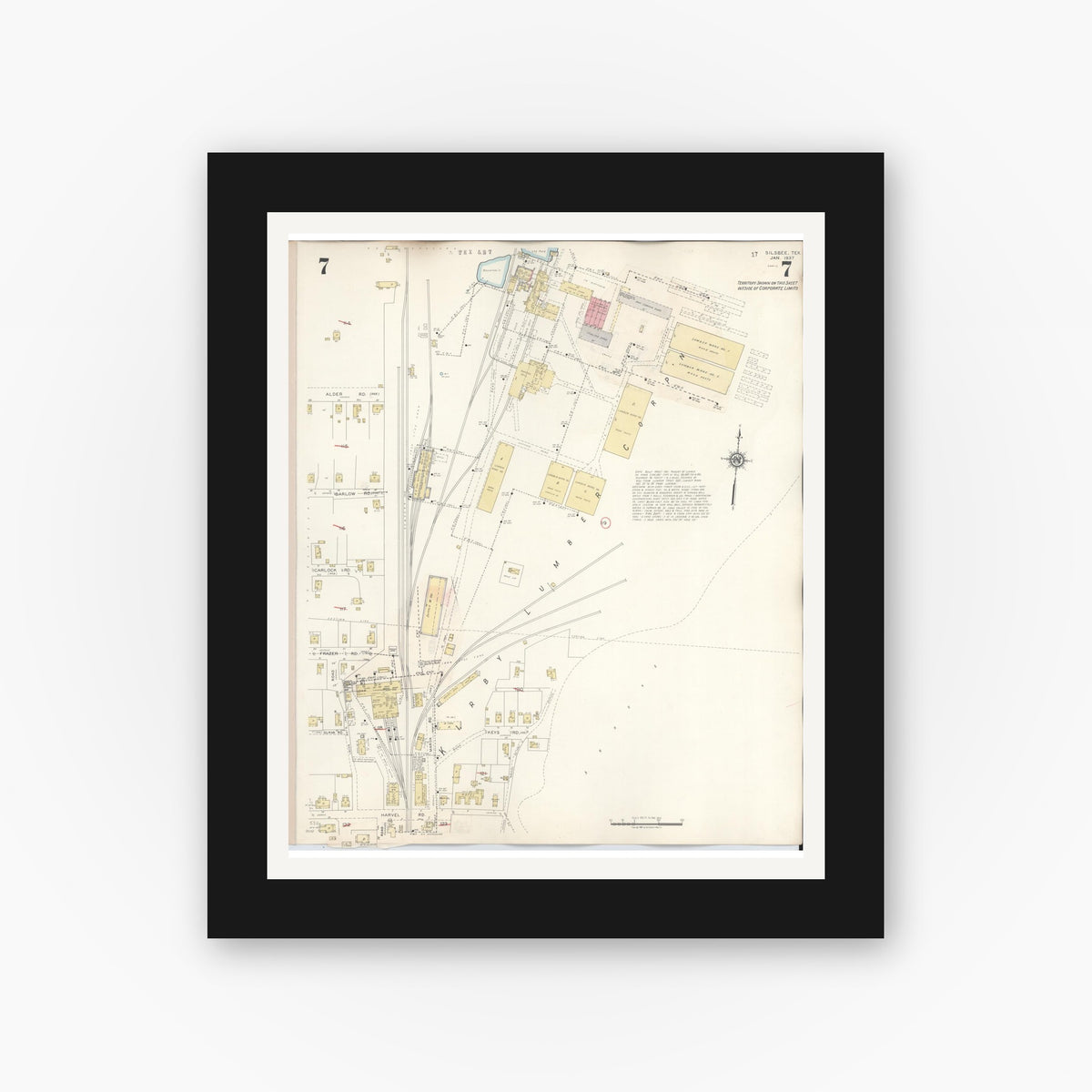 Old map wall art mockup — black gallery frame with white mat — Sanborn Fire Insurance Map from Silsbee, Hardin County, Texas (1942), Sheet #0007