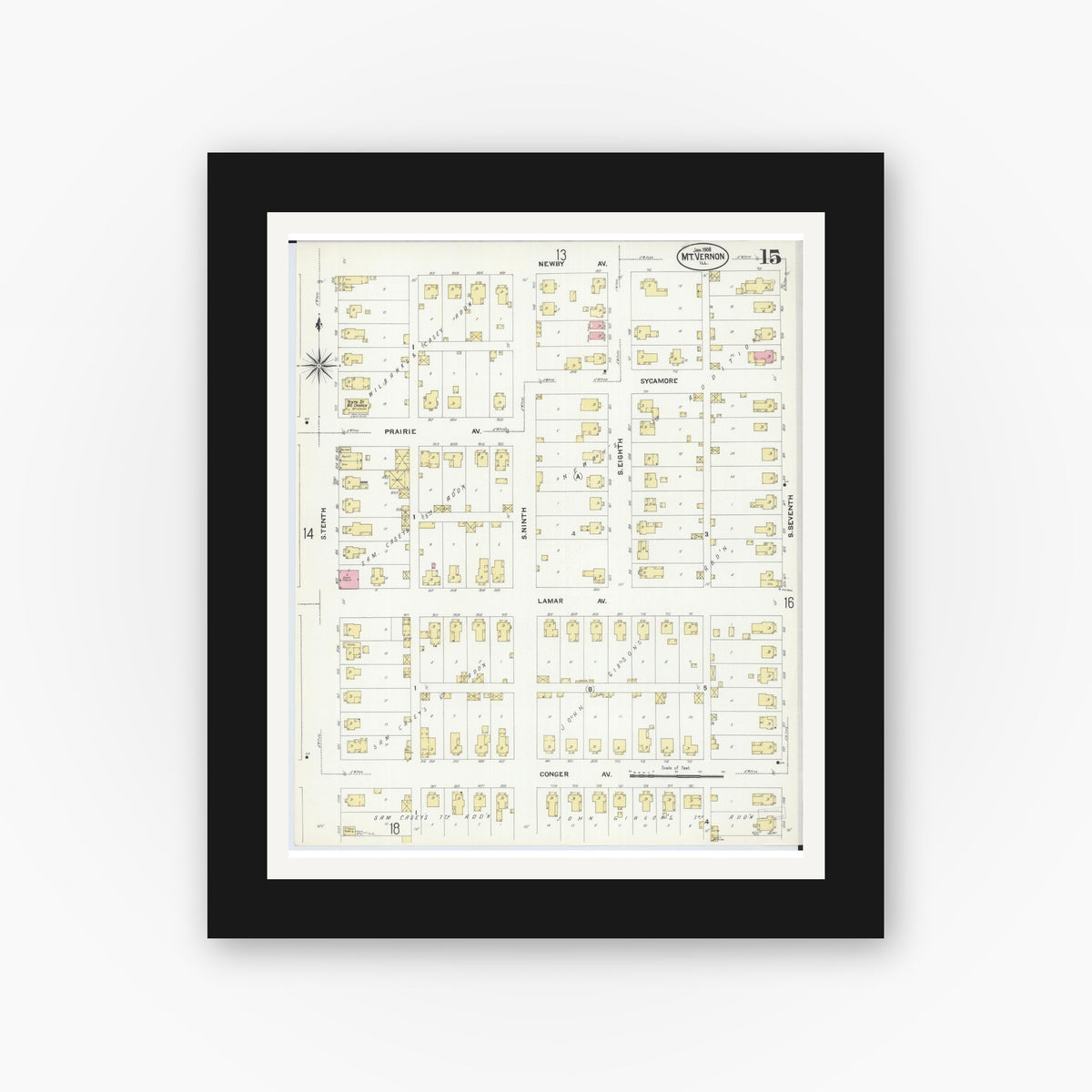 Old map wall art mockup — black gallery frame with white mat — Sanborn Fire Insurance Map from Mount Vernon, Jefferson County, Illinois (1908), Sheet #0015