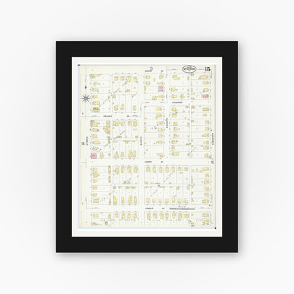 Old map wall art mockup — black gallery frame with white mat — Sanborn Fire Insurance Map from Mount Vernon, Jefferson County, Illinois (1908), Sheet #0015