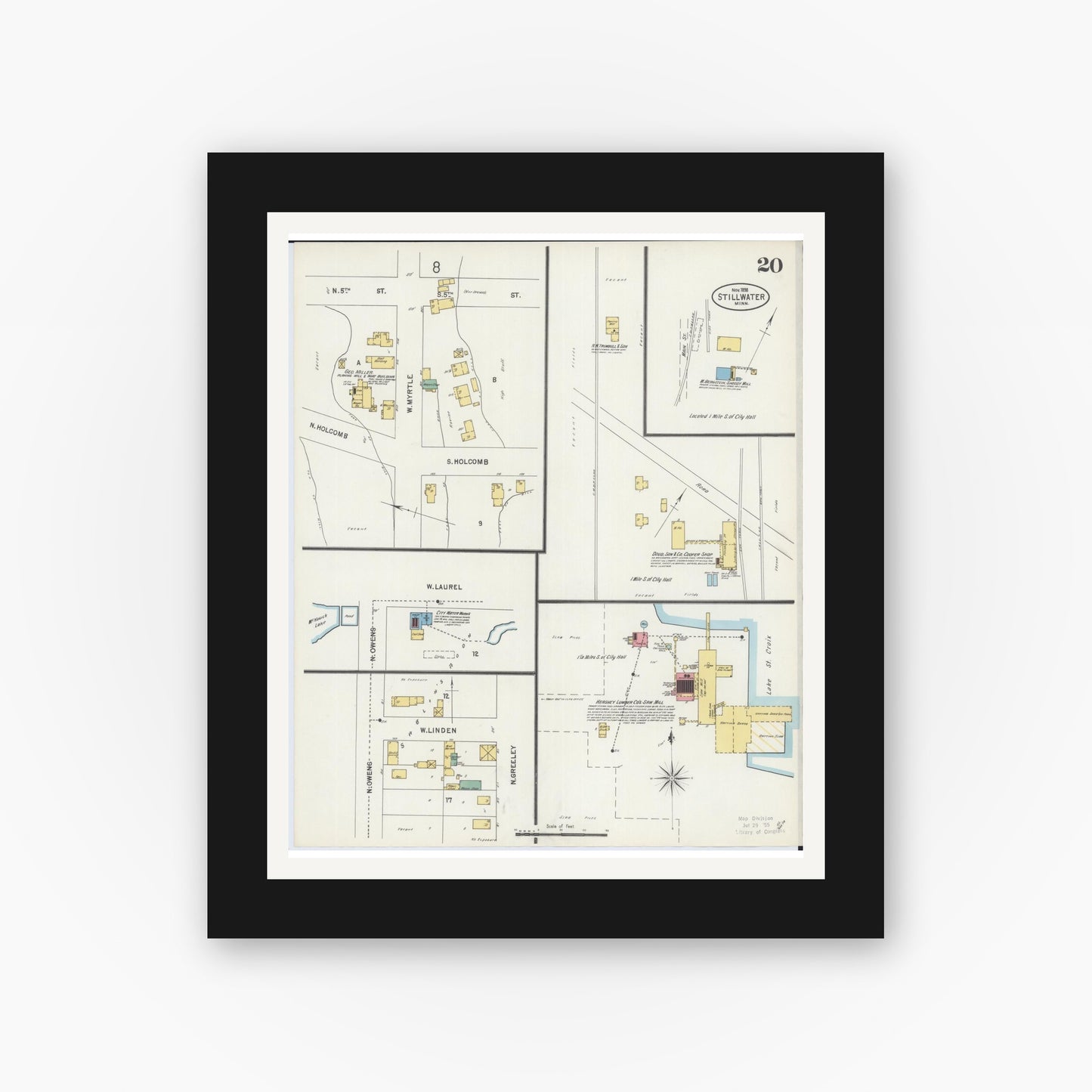 Old map wall art mockup — black gallery frame with white mat — Sanborn Fire Insurance Map from Stillwater, Washington County, Minnesota (1898), Sheet #0020