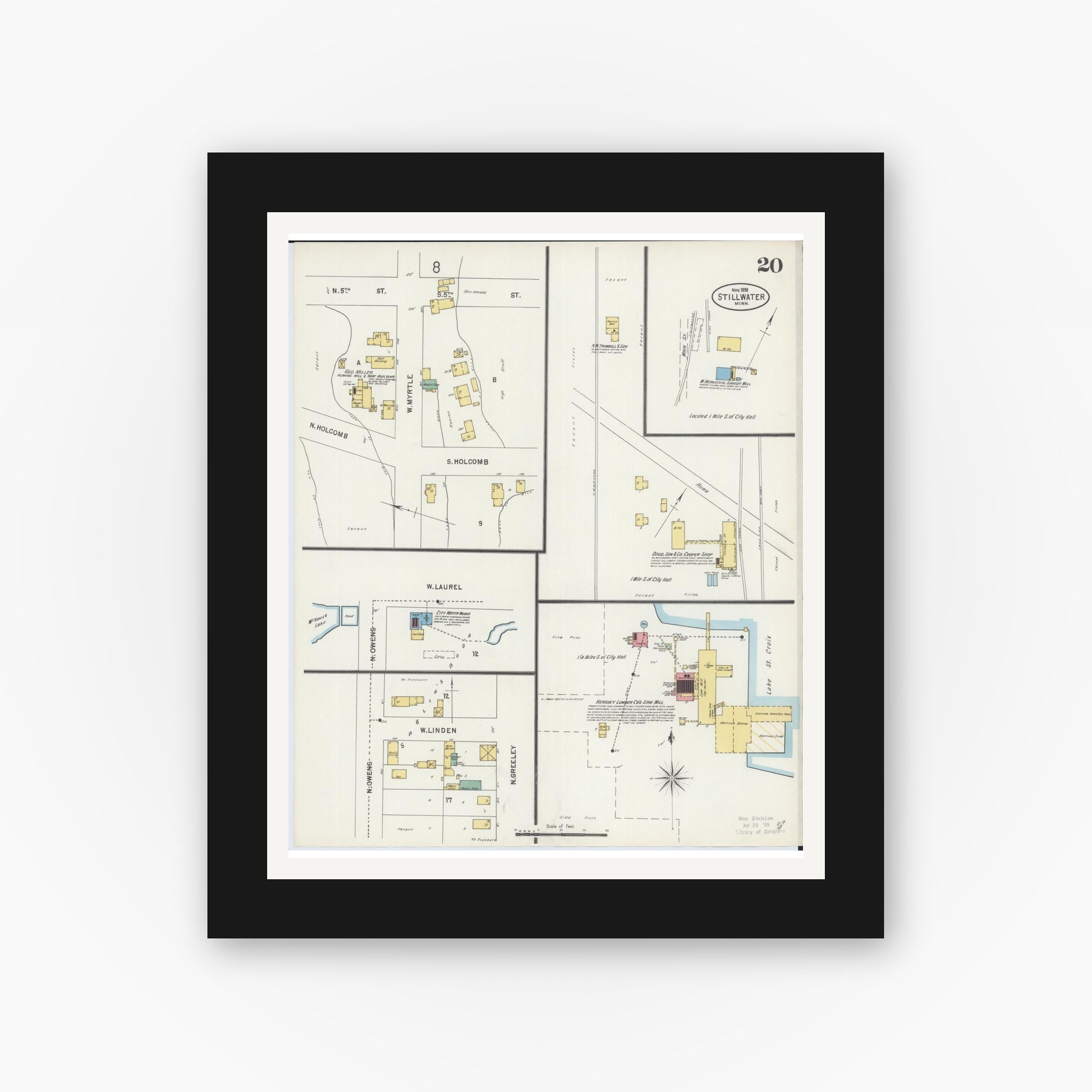 Old map wall art mockup — black gallery frame with white mat — Sanborn Fire Insurance Map from Stillwater, Washington County, Minnesota (1898), Sheet #0020
