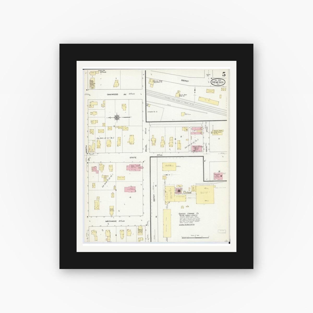 Old map wall art mockup — black gallery frame with white mat — Sanborn Fire Insurance Map from Geneseo, Henry County, Illinois (1909), Sheet #0005