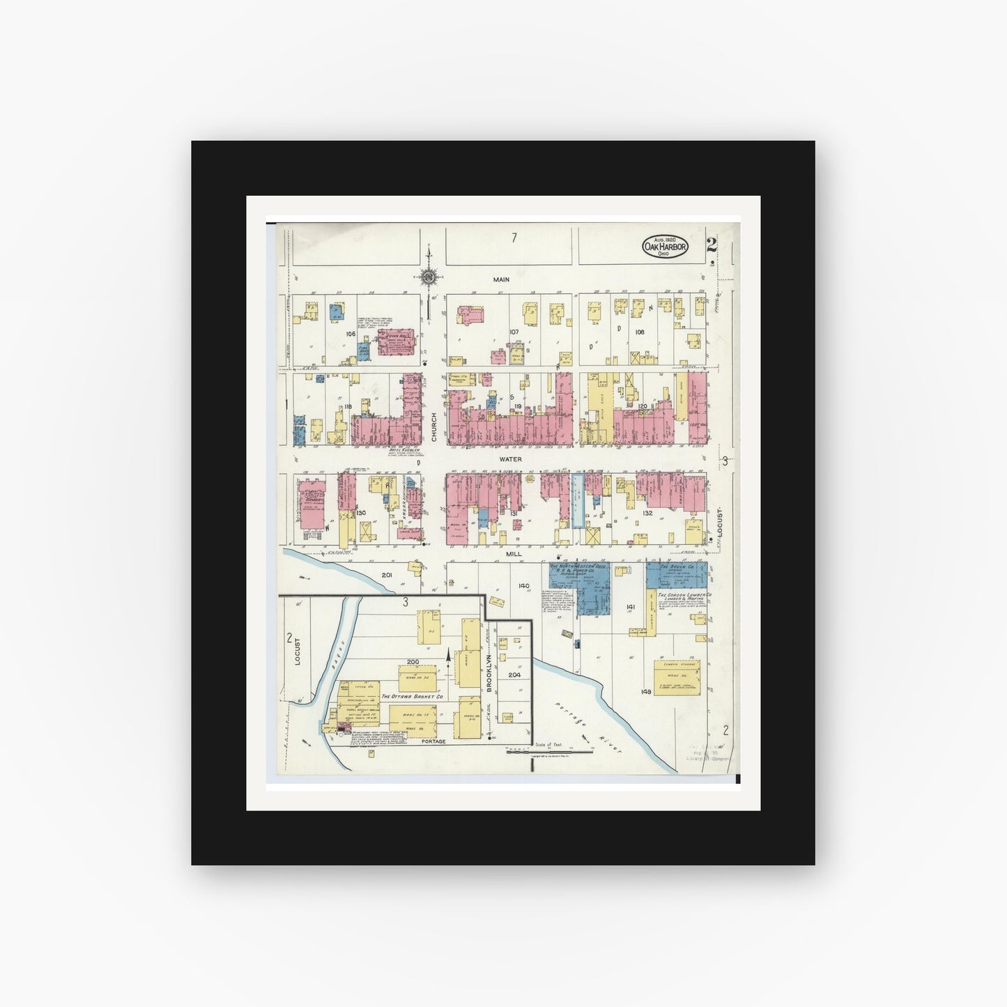Old map wall art mockup — black gallery frame with white mat — Sanborn Fire Insurance Map from Oak Harbor, Ottawa County, Ohio (1920), Sheet #0002