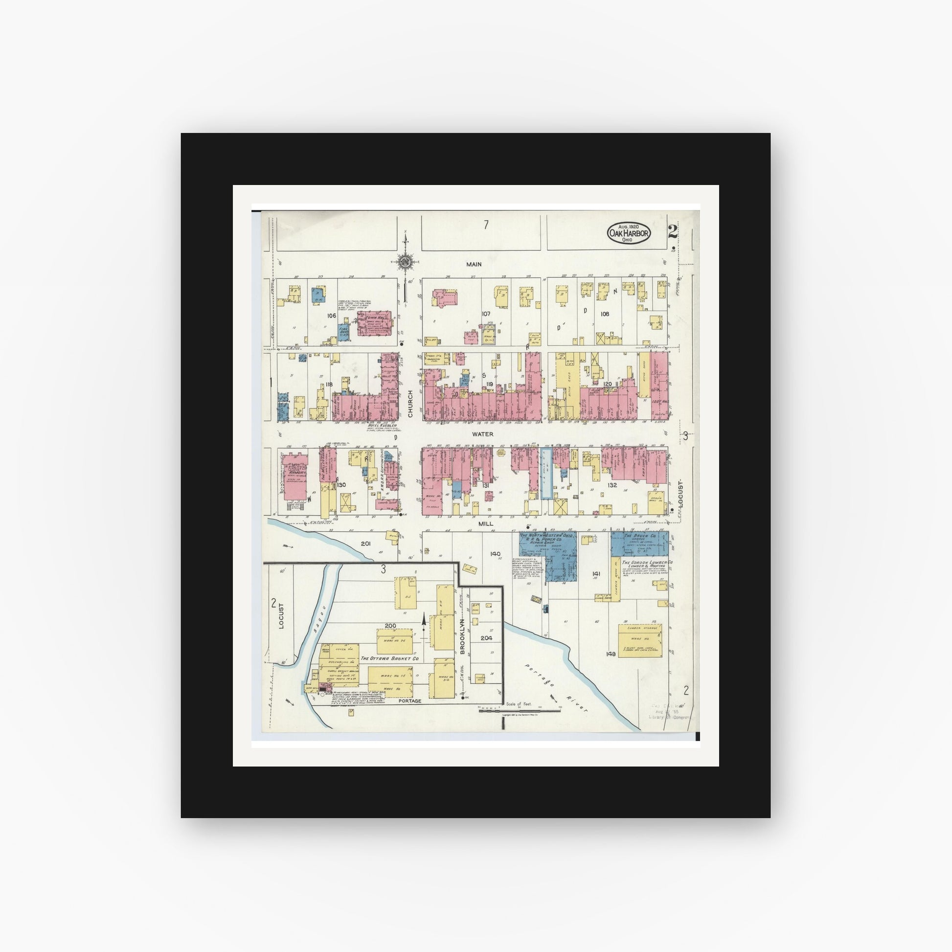 Old map wall art mockup — black gallery frame with white mat — Sanborn Fire Insurance Map from Oak Harbor, Ottawa County, Ohio (1920), Sheet #0002