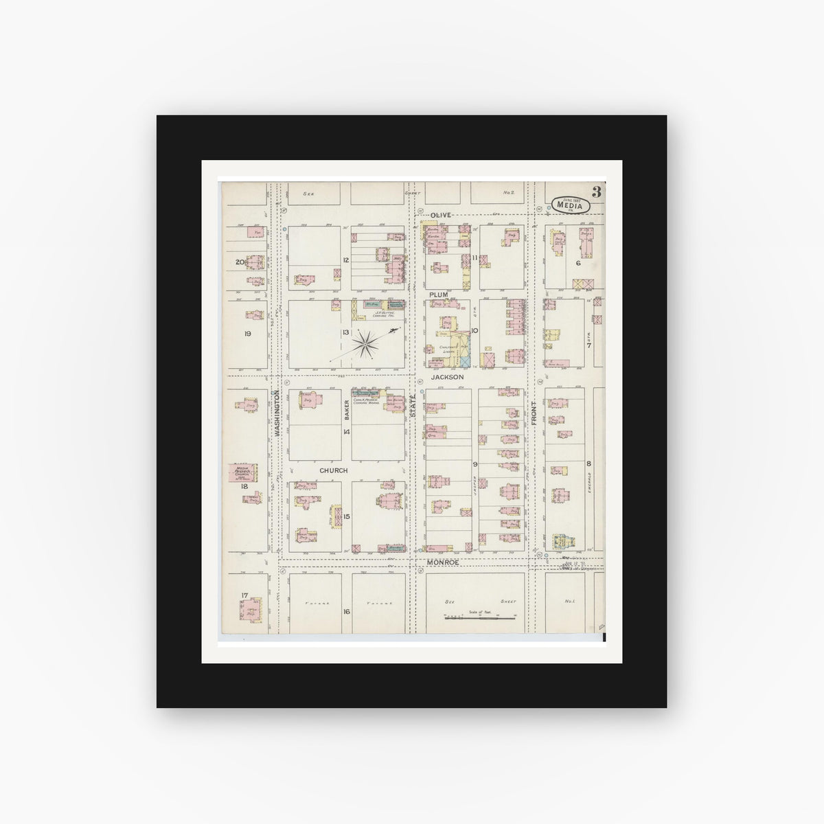Old map wall art mockup — black gallery frame with white mat — Sanborn Fire Insurance Map from Media, Delaware County, Pennsylvania (1887), Sheet #0003