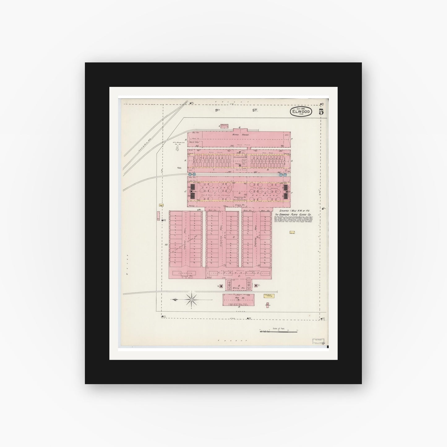 Old map wall art mockup — black gallery frame with white mat — Sanborn Fire Insurance Map from Elwood, Madison County, Indiana (1892), Sheet #0005