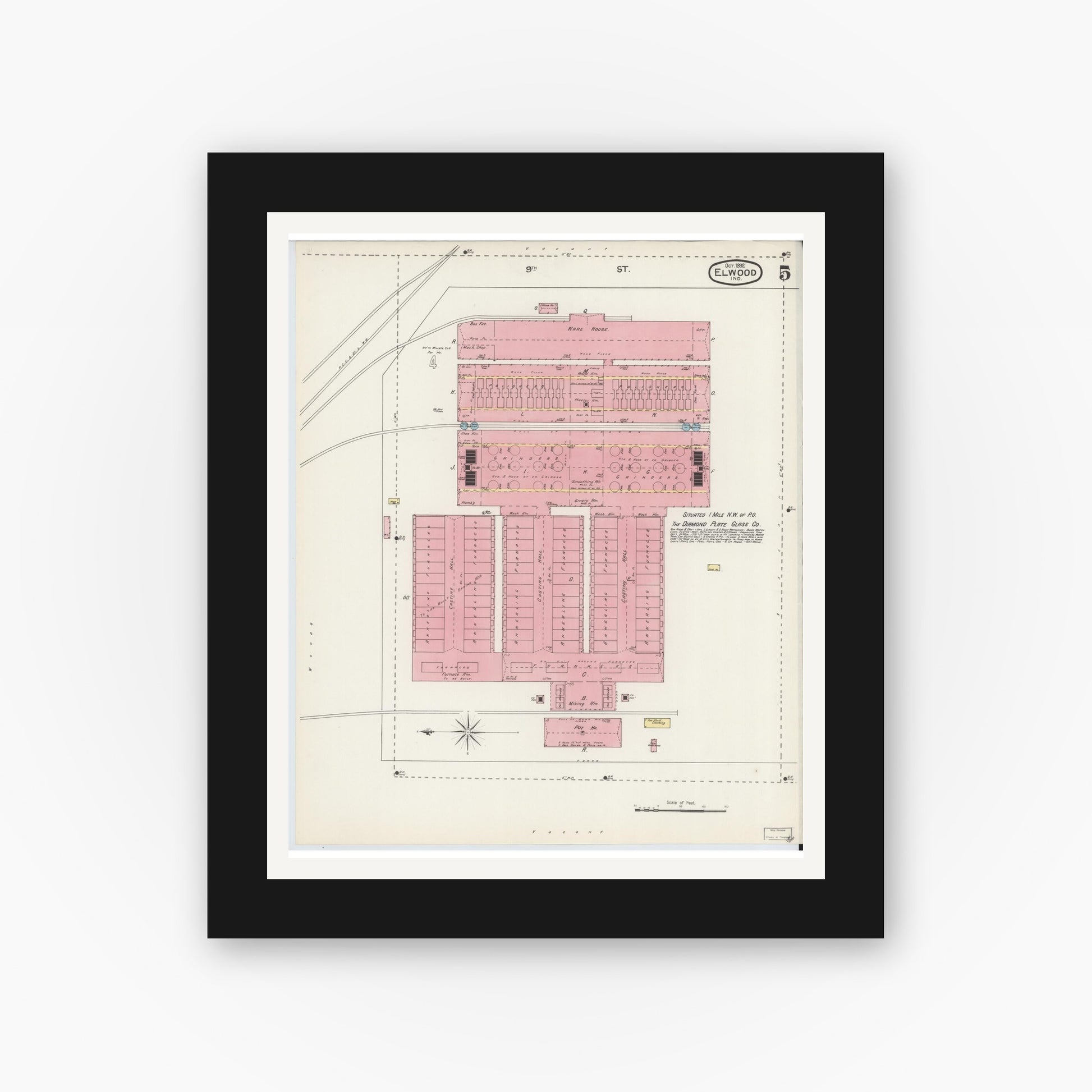 Old map wall art mockup — black gallery frame with white mat — Sanborn Fire Insurance Map from Elwood, Madison County, Indiana (1892), Sheet #0005