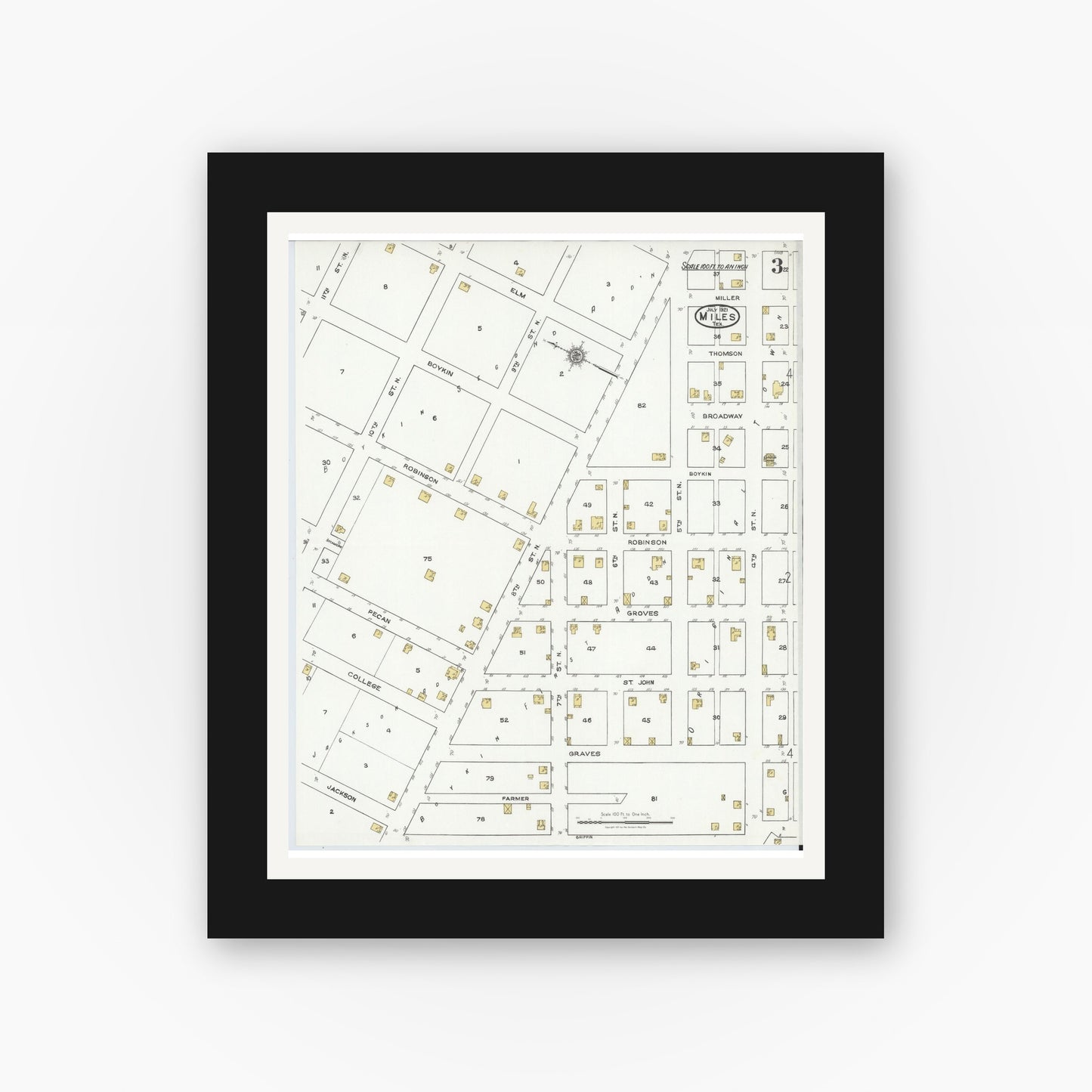 Old map wall art mockup — black gallery frame with white mat — Sanborn Fire Insurance Map from Miles, Runnels County, Texas (1921), Sheet #0003