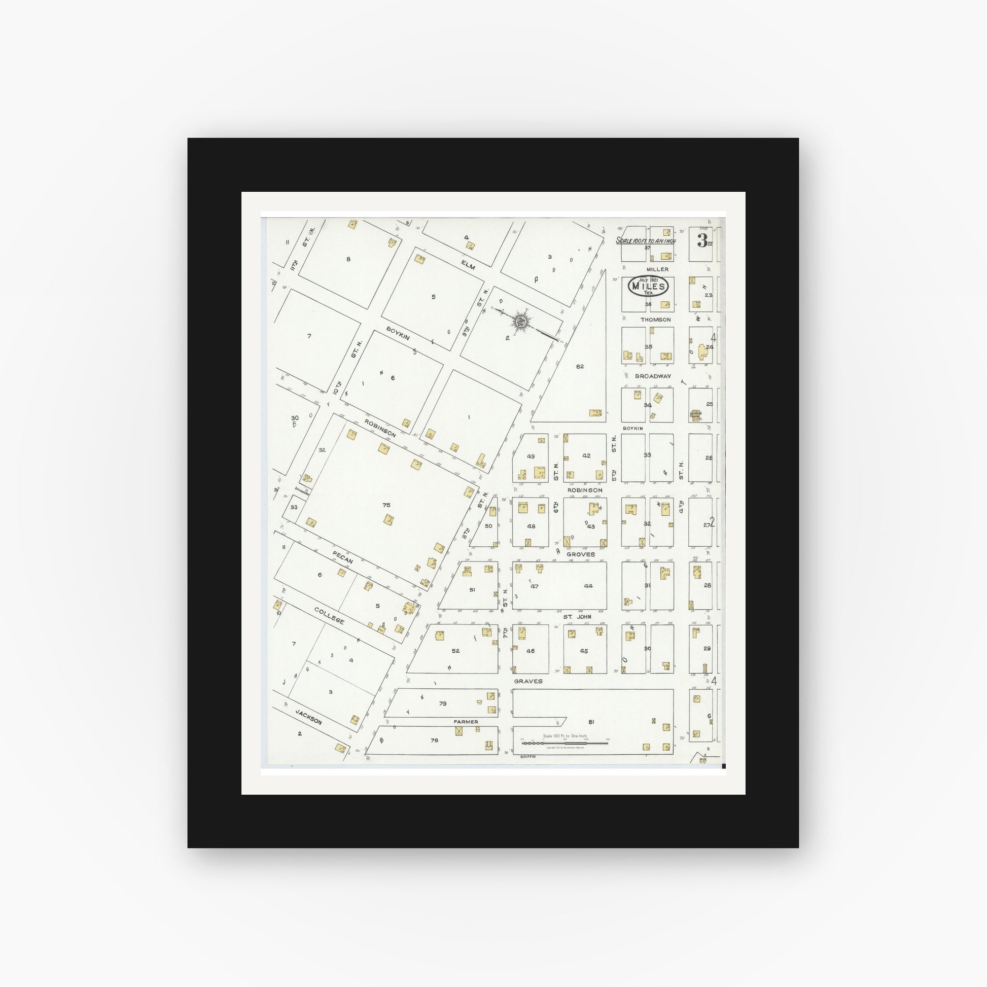 Old map wall art mockup — black gallery frame with white mat — Sanborn Fire Insurance Map from Miles, Runnels County, Texas (1921), Sheet #0003