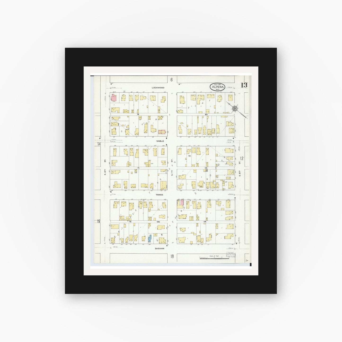 Old map wall art mockup — black gallery frame with white mat — Sanborn Fire Insurance Map from Alpena, Alpena County, Michigan (1910), Sheet #0013