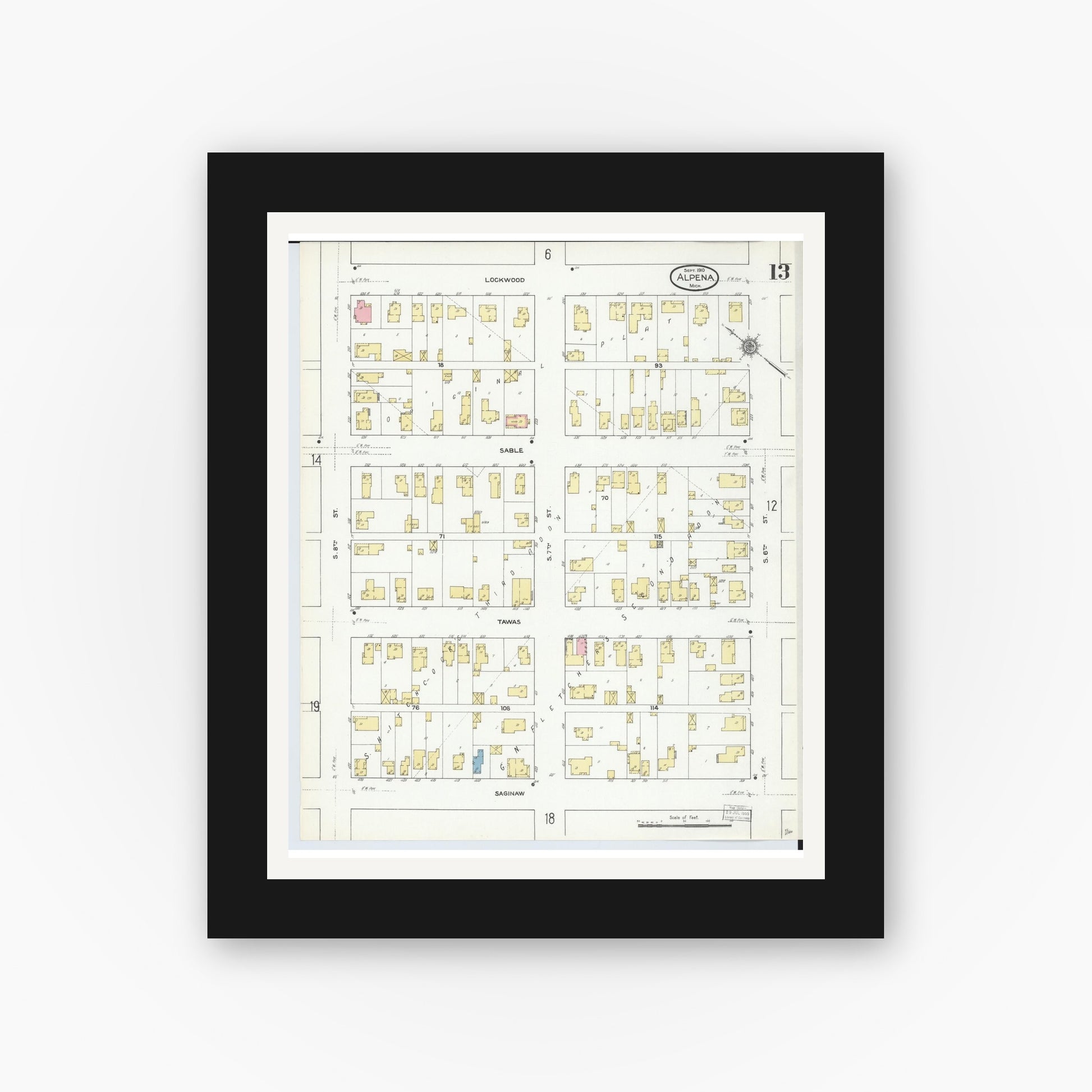 Old map wall art mockup — black gallery frame with white mat — Sanborn Fire Insurance Map from Alpena, Alpena County, Michigan (1910), Sheet #0013