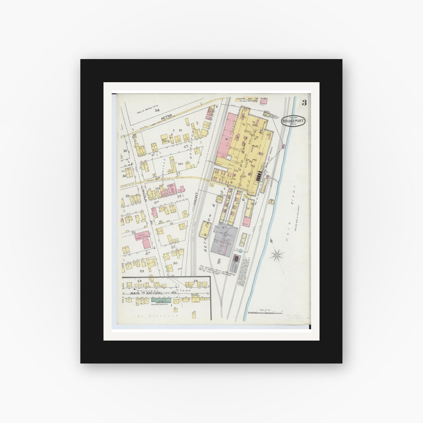 Old map wall art mockup — black gallery frame with white mat — Sanborn Fire Insurance Map from Bridgeport, Belmont County, Ohio (1893), Sheet #0003