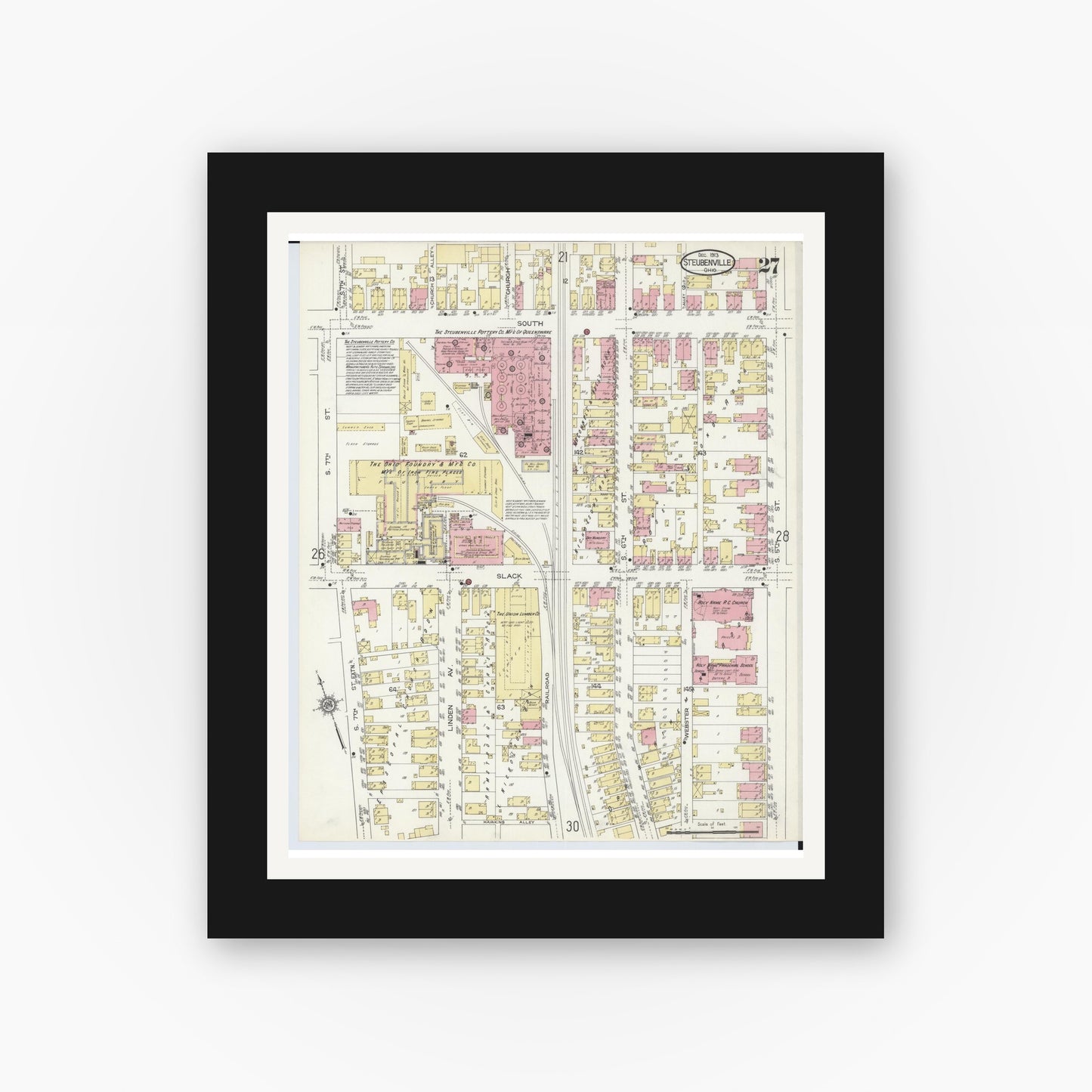 Old map wall art mockup — black gallery frame with white mat — Sanborn Fire Insurance Map from Steubenville, Jefferson County, Ohio (1913), Sheet #0027
