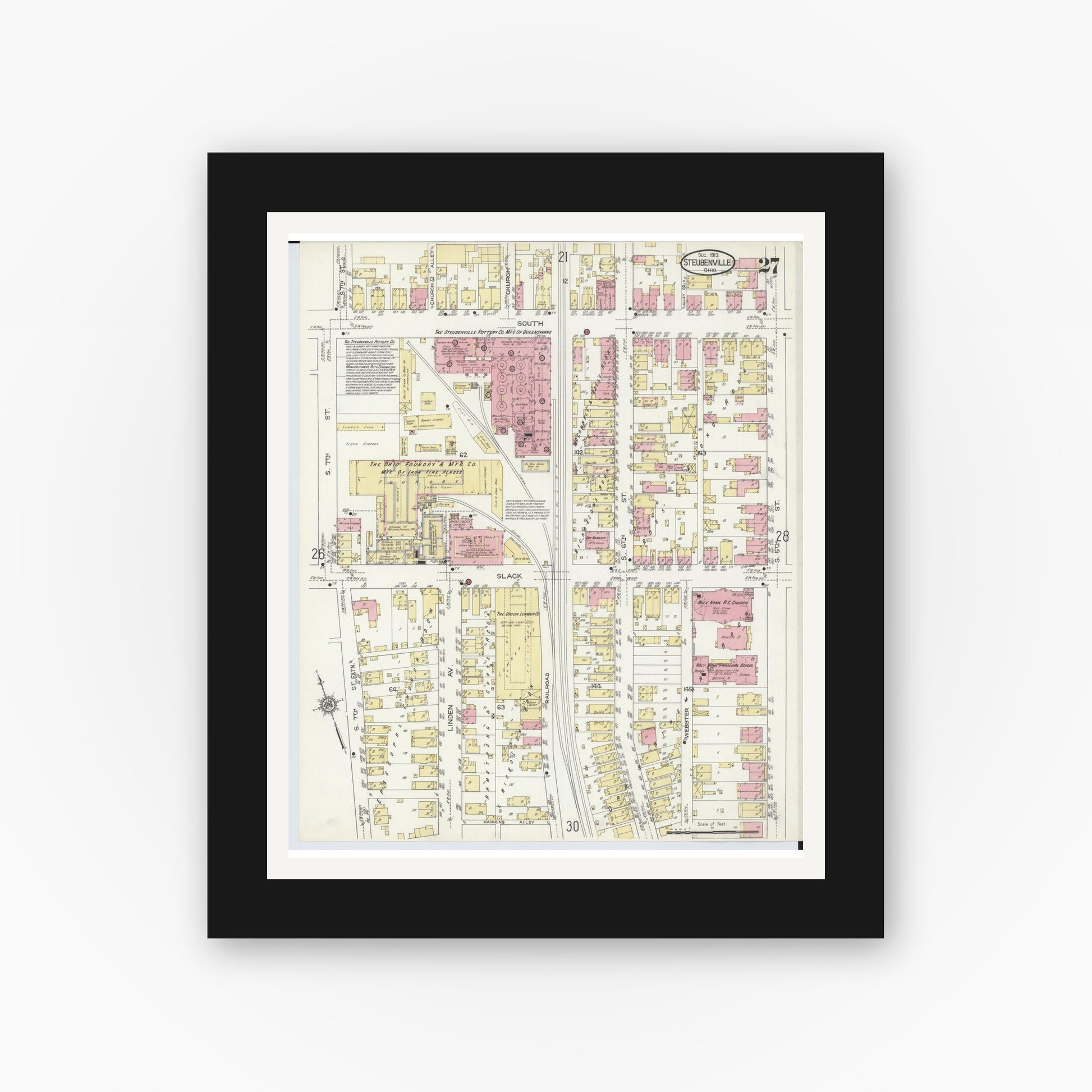 Old map wall art mockup — black gallery frame with white mat — Sanborn Fire Insurance Map from Steubenville, Jefferson County, Ohio (1913), Sheet #0027