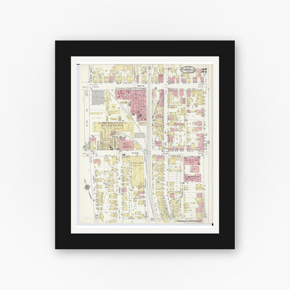 Old map wall art mockup — black gallery frame with white mat — Sanborn Fire Insurance Map from Steubenville, Jefferson County, Ohio (1913), Sheet #0027