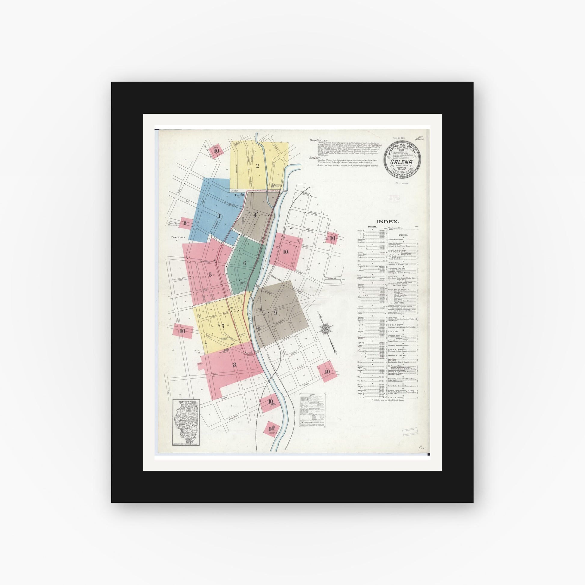 Old map wall art mockup — black gallery frame with white mat — Sanborn Fire Insurance Map from Galena, Jo Daviess County, Illinois (1912), Sheet #0001