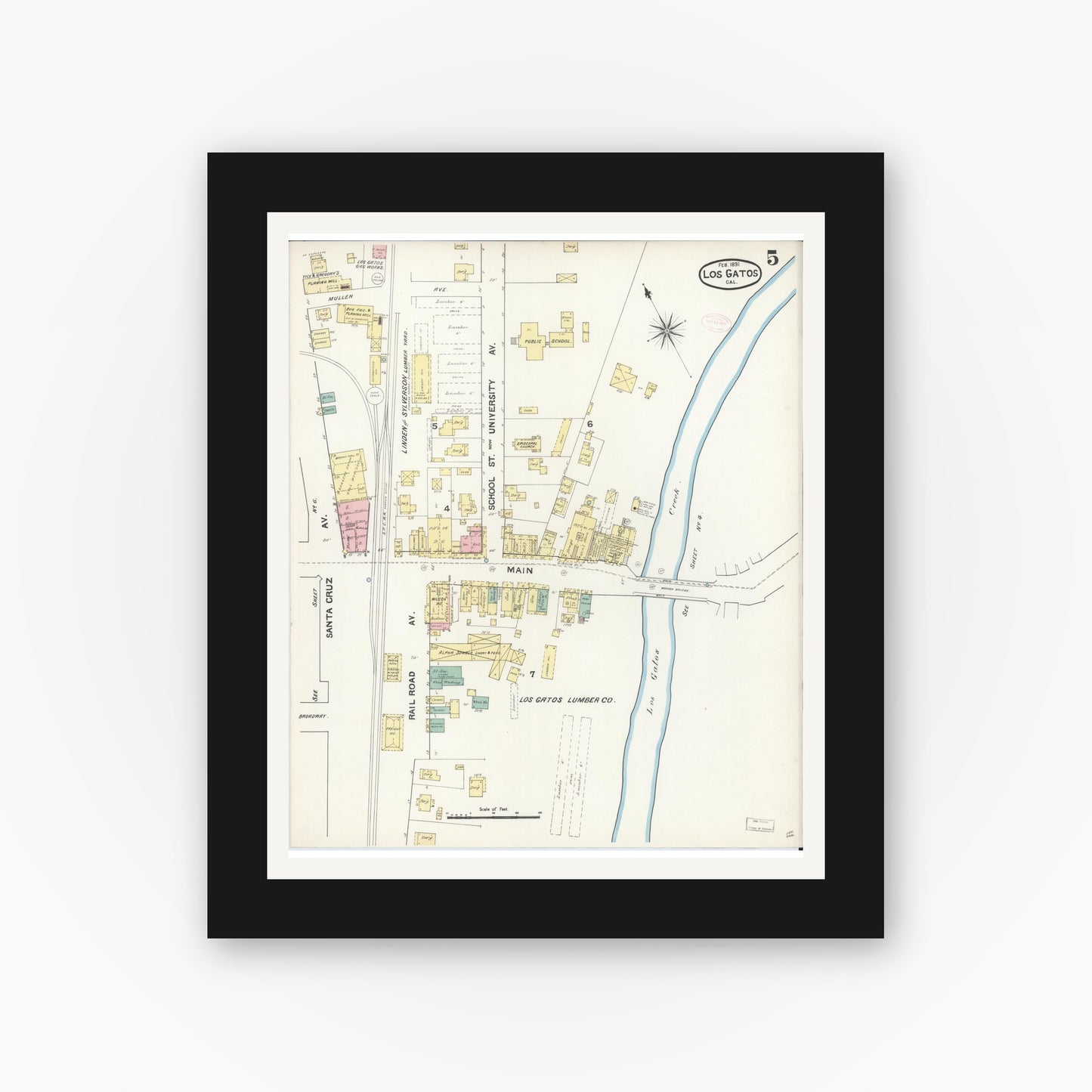Old map wall art mockup — black gallery frame with white mat — Sanborn Fire Insurance Map from Los Gatos, Santa Clara County, California (1891), Sheet #0005