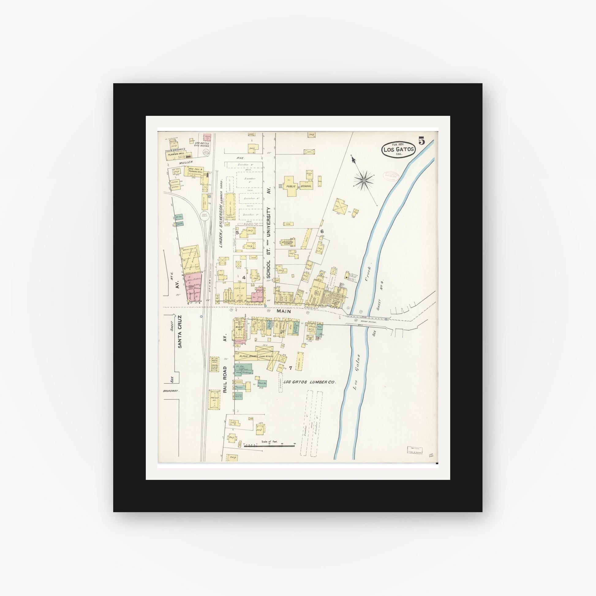 Old map wall art mockup — black gallery frame with white mat — Sanborn Fire Insurance Map from Los Gatos, Santa Clara County, California (1891), Sheet #0005
