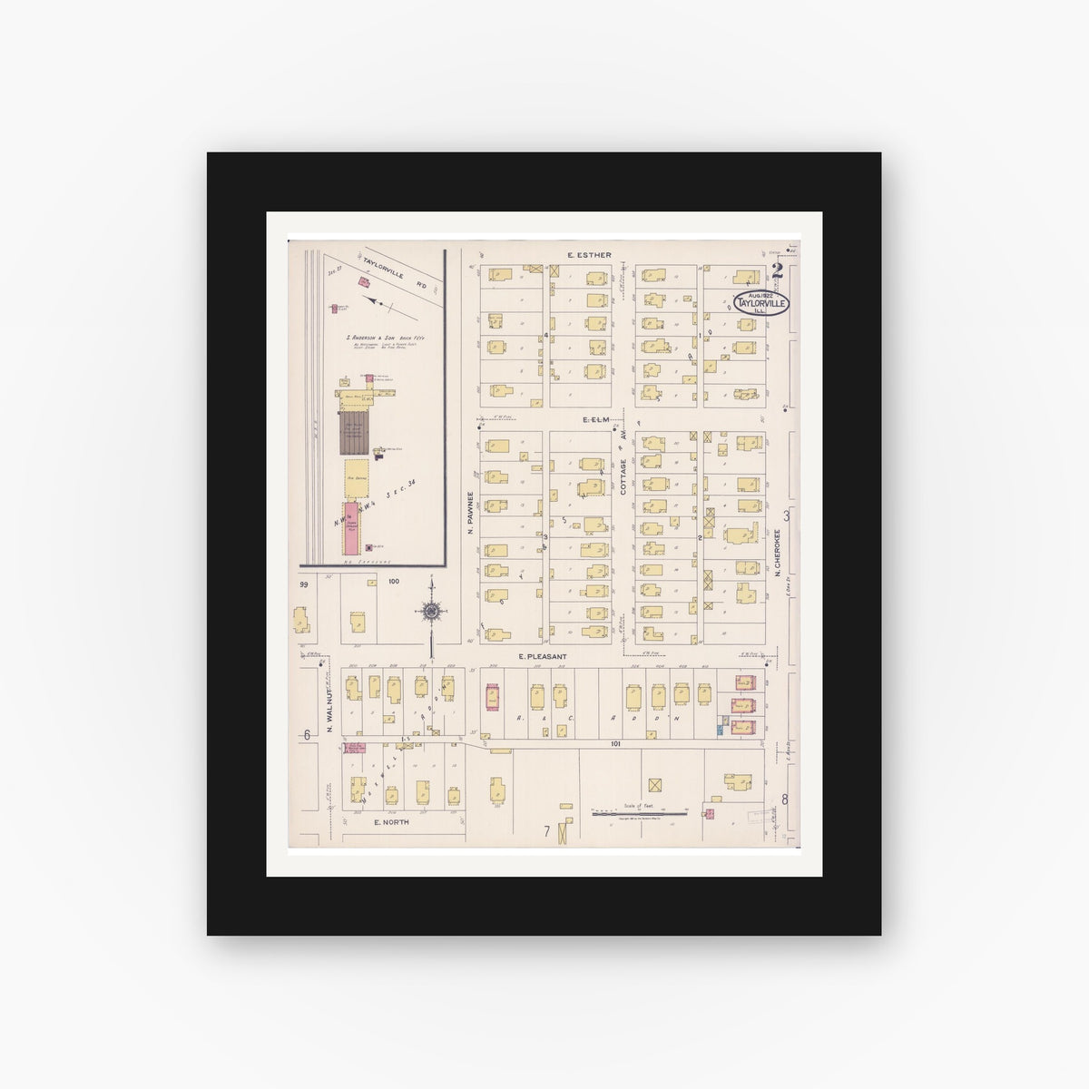 Old map wall art mockup — black gallery frame with white mat — Sanborn Fire Insurance Map from Taylorville, Christian County, Illinois (1922), Sheet #0002