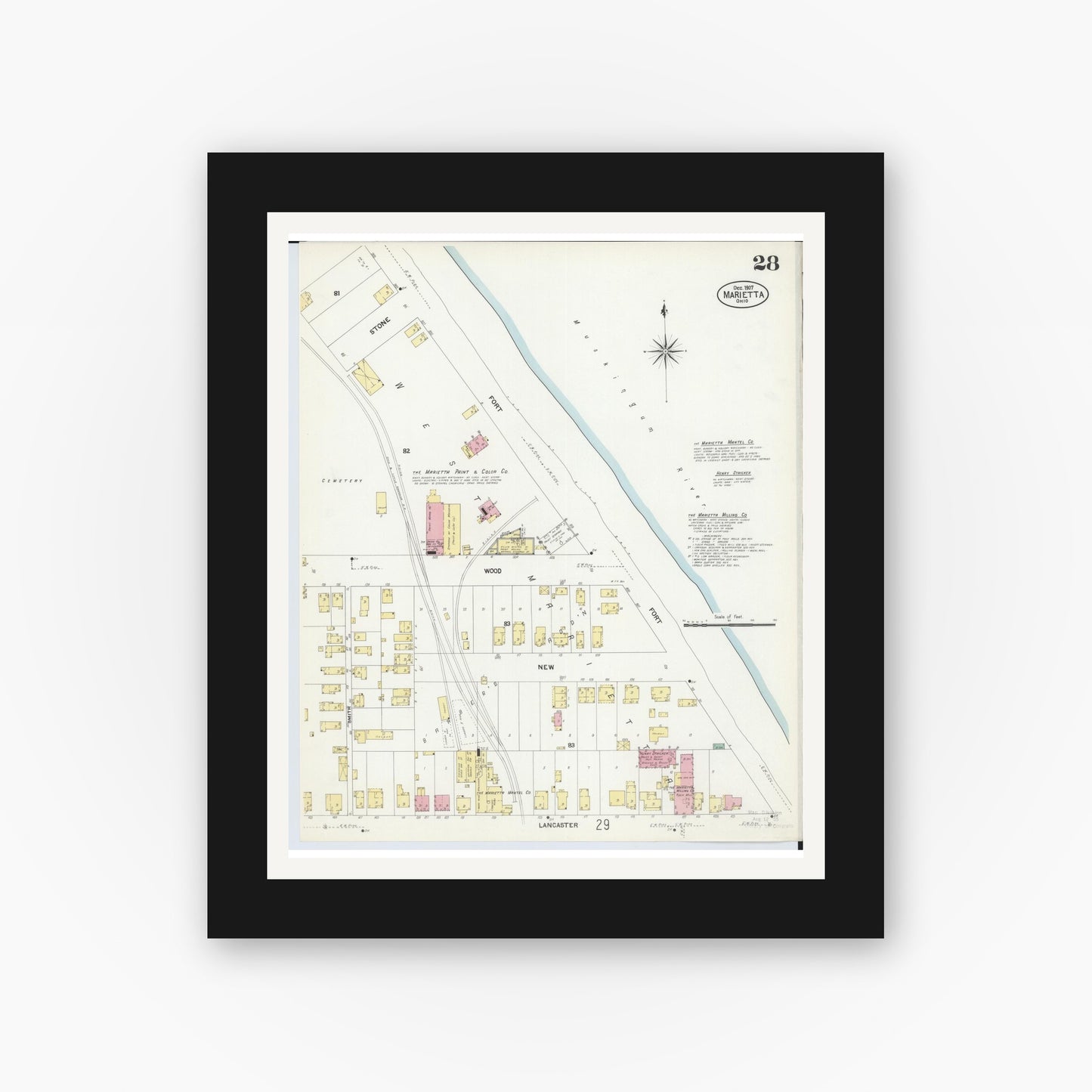 Old map wall art mockup — black gallery frame with white mat — Sanborn Fire Insurance Map from Marietta, Washington County, Ohio (1907), Sheet #0028