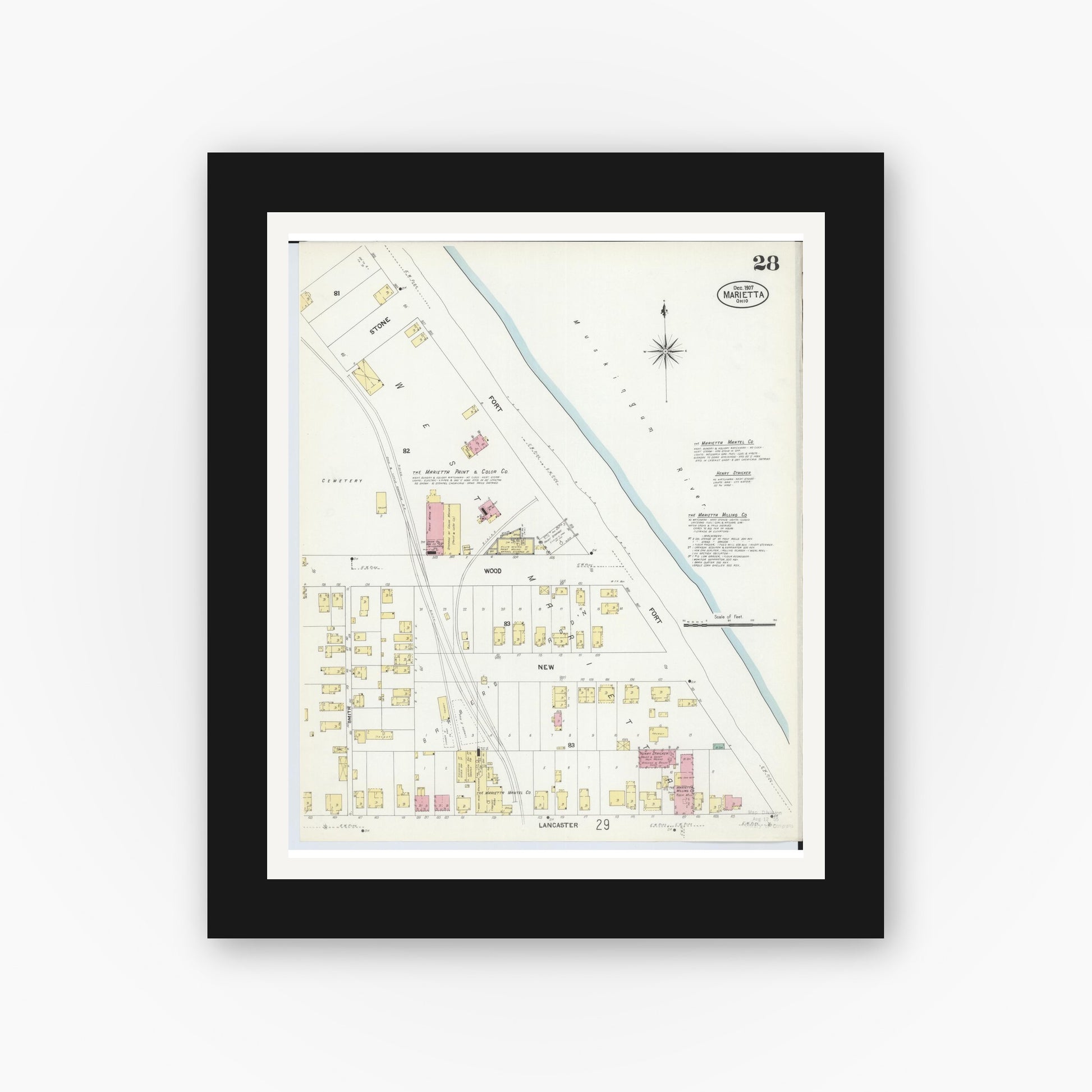 Old map wall art mockup — black gallery frame with white mat — Sanborn Fire Insurance Map from Marietta, Washington County, Ohio (1907), Sheet #0028