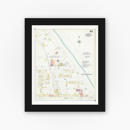 Old map wall art mockup — black gallery frame with white mat — Sanborn Fire Insurance Map from Marietta, Washington County, Ohio (1907), Sheet #0028