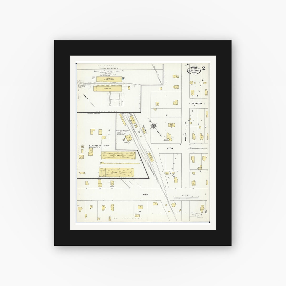 Old map wall art mockup — black gallery frame with white mat — Sanborn Fire Insurance Map from Marshall, Lyon County, Minnesota (1909), Sheet #0002