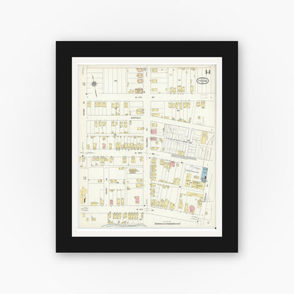 Old map wall art mockup — black gallery frame with white mat — Sanborn Fire Insurance Map from Tyrone, Blair County, Pennsylvania (1911), Sheet #0014