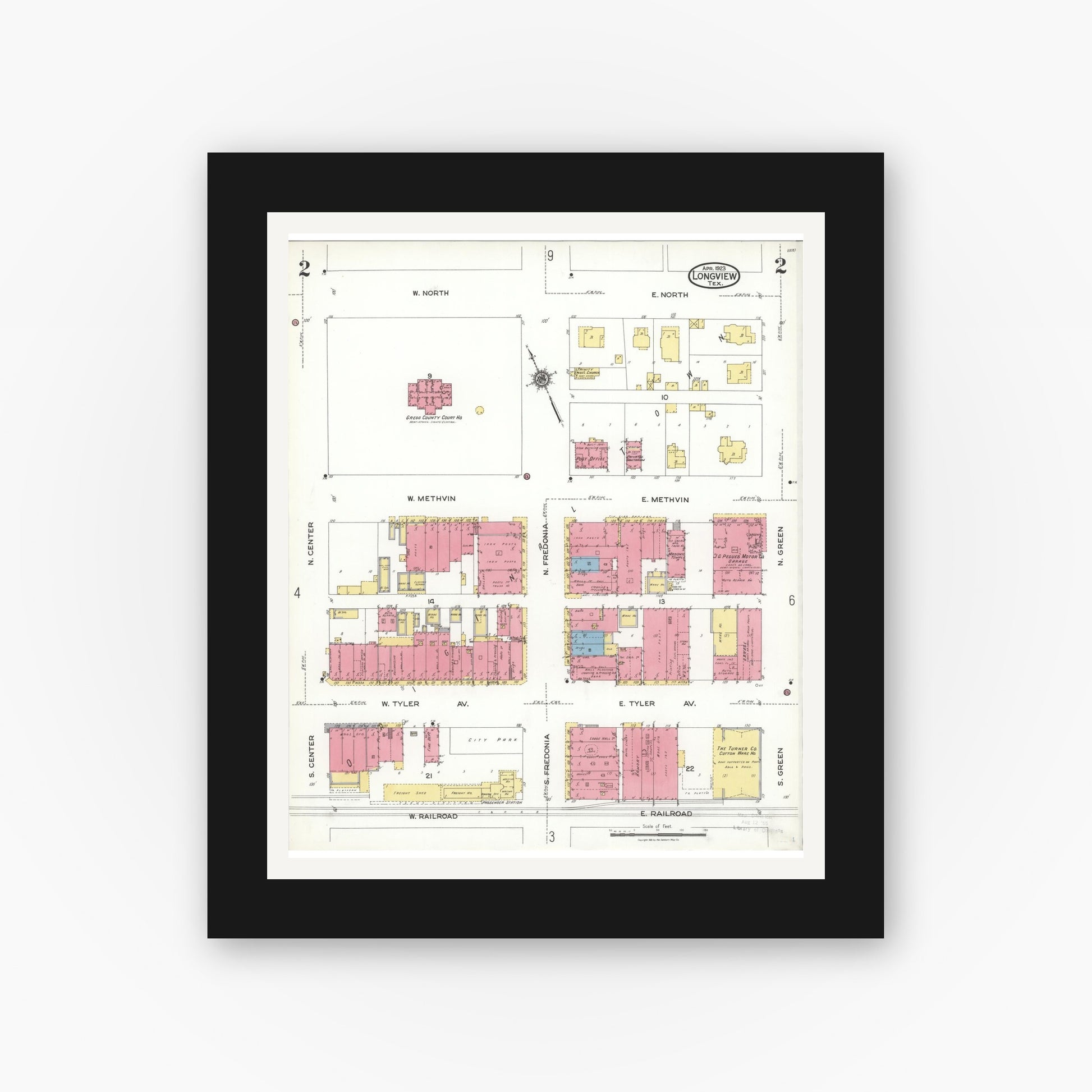 Old map wall art mockup — black gallery frame with white mat — Sanborn Fire Insurance Map from Longview, Gregg County, Texas (1923), Sheet #0002