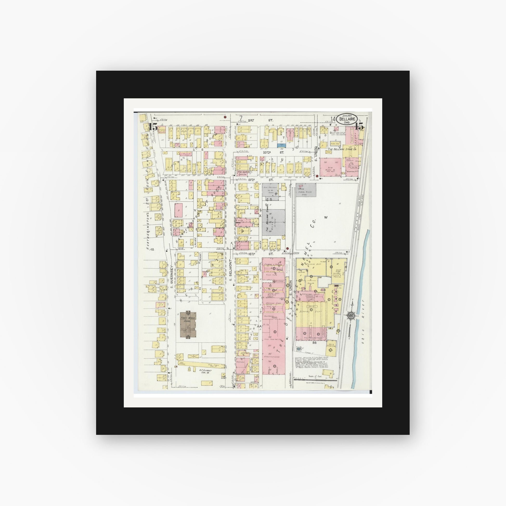 Old map wall art mockup — black gallery frame with white mat — Sanborn Fire Insurance Map from Bellaire, Belmont County, Ohio (1924), Sheet #0015