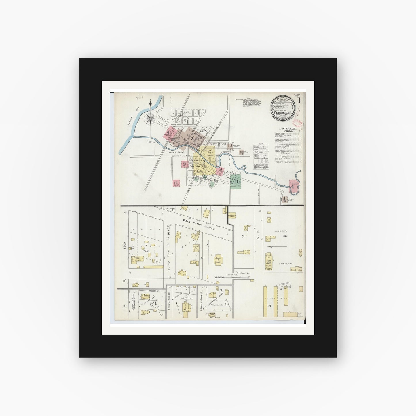 Old map wall art mockup — black gallery frame with white mat — Sanborn Fire Insurance Map from Sebewaing, Huron County, Michigan (1895) - Complete Map Set
