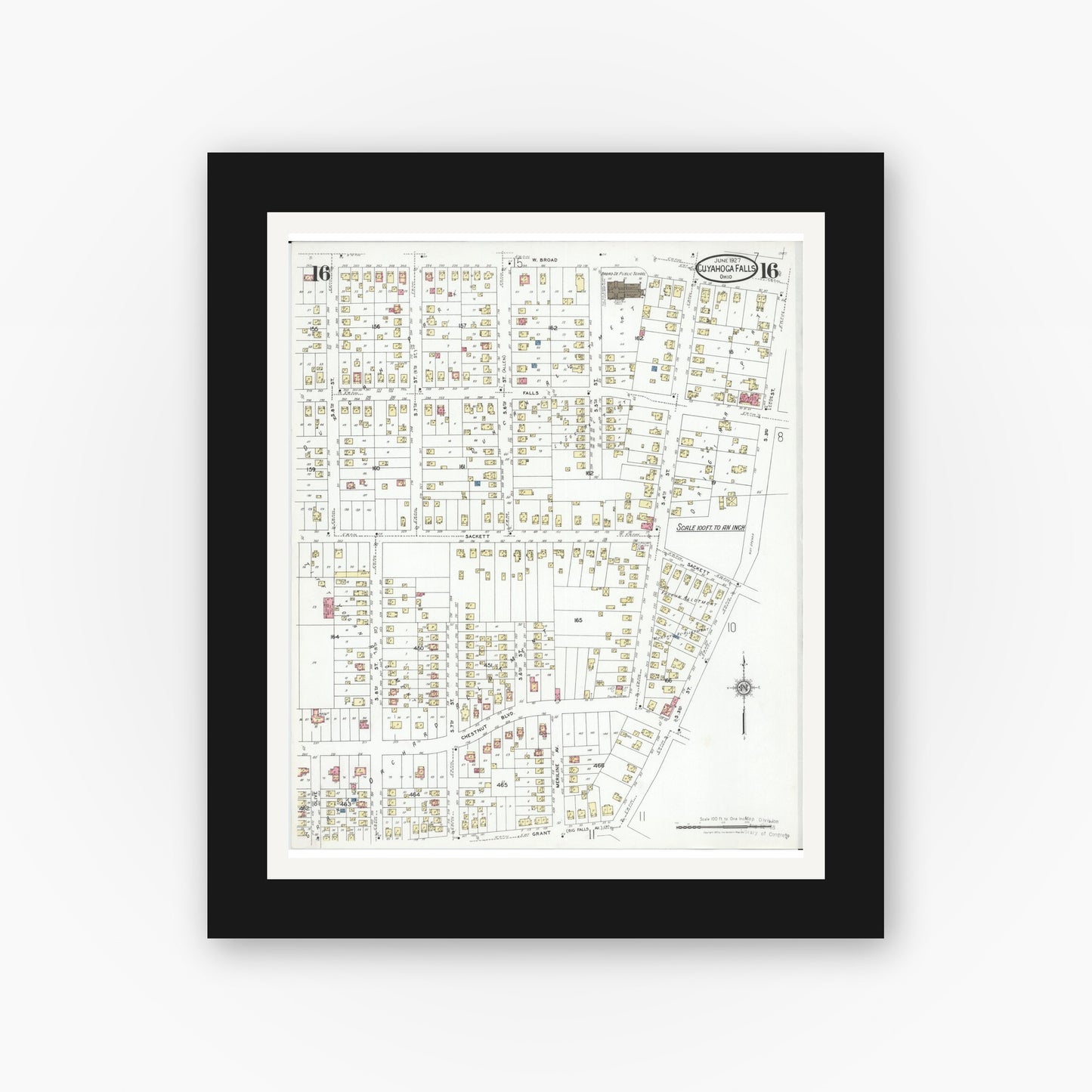 Old map wall art mockup — black gallery frame with white mat — Sanborn Fire Insurance Map from Cuyahoga Falls, Summit County, Ohio (1927), Sheet #0016