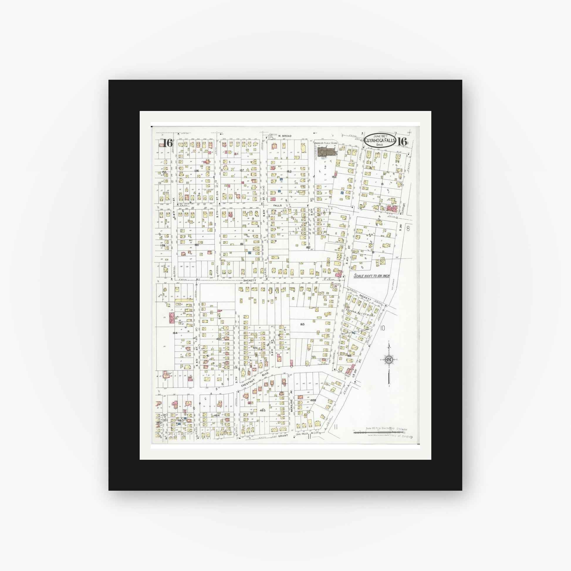 Old map wall art mockup — black gallery frame with white mat — Sanborn Fire Insurance Map from Cuyahoga Falls, Summit County, Ohio (1927), Sheet #0016