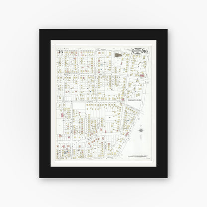 Old map wall art mockup — black gallery frame with white mat — Sanborn Fire Insurance Map from Cuyahoga Falls, Summit County, Ohio (1927), Sheet #0016