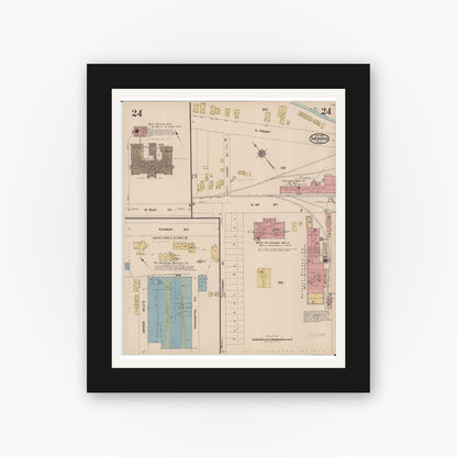 Old map wall art mockup — black gallery frame with white mat — Sanborn Fire Insurance Map from Monroe, Monroe County, Michigan (1922), Sheet #0024
