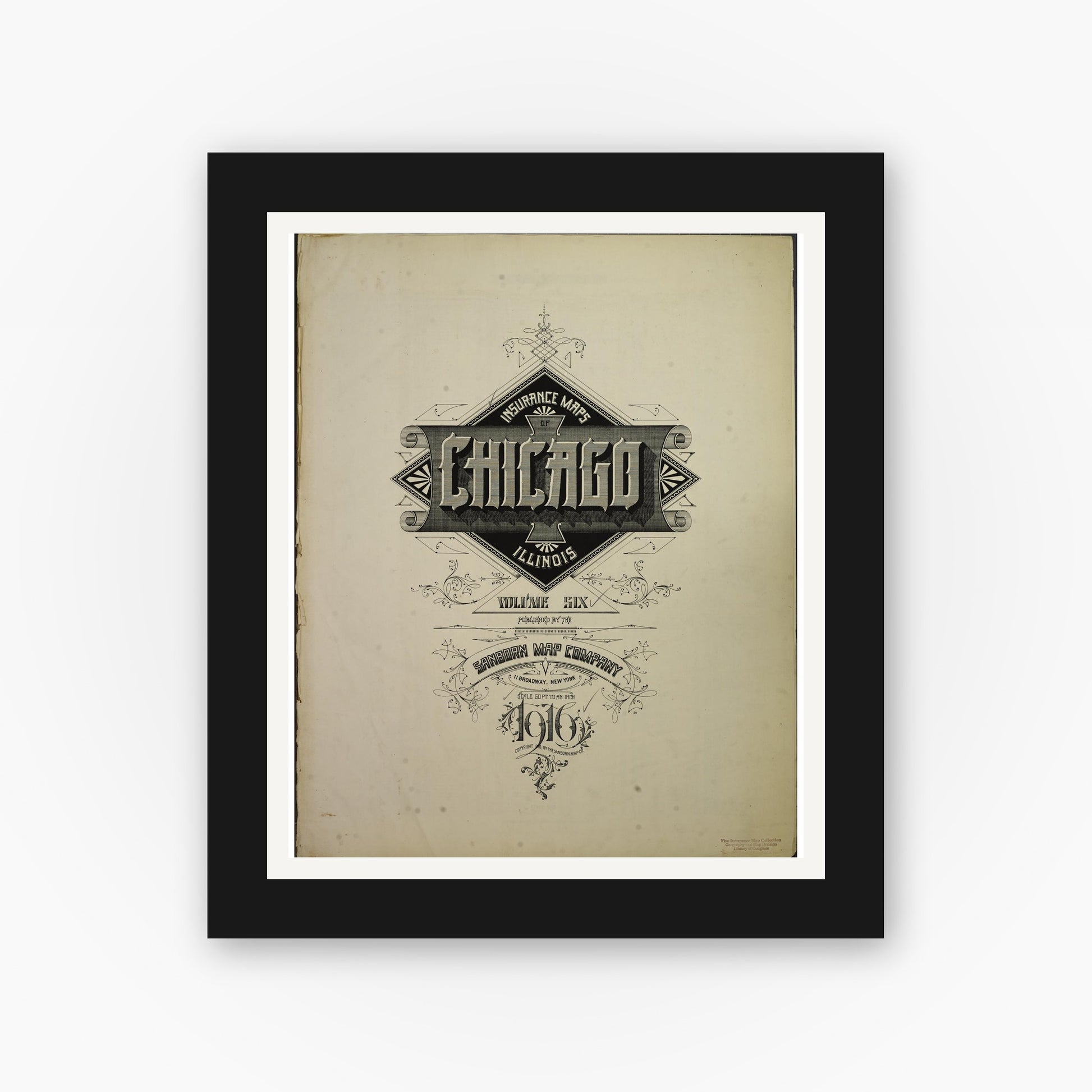 Old map wall art mockup — black gallery frame with white mat — Sanborn Fire Insurance Map from Chicago, Cook County, Illinois (1916), Sheet #0001