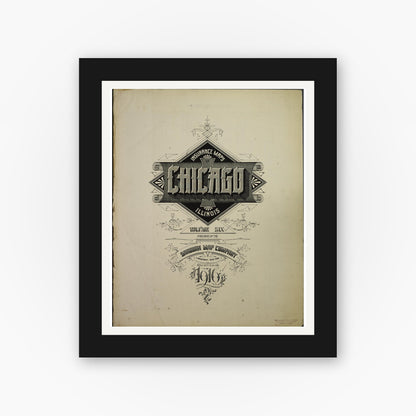 Old map wall art mockup — black gallery frame with white mat — Sanborn Fire Insurance Map from Chicago, Cook County, Illinois (1916), Sheet #0001