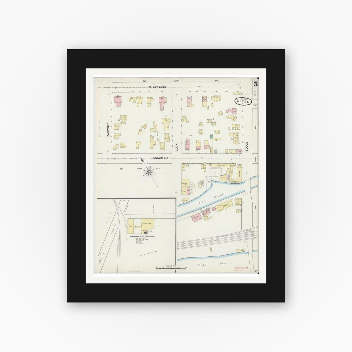 Old map wall art mockup — black gallery frame with white mat — Sanborn Fire Insurance Map from Clyde, Wayne County, New York (1890), Sheet #0005